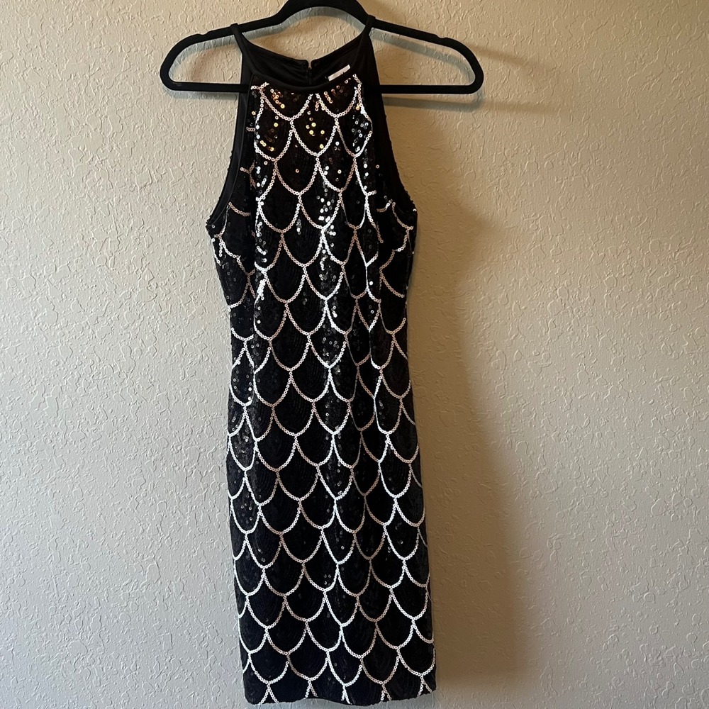 Vintage Y2K Cache Cocktail Dress Women Party Sequin Scalloped Halter Bodycon 8